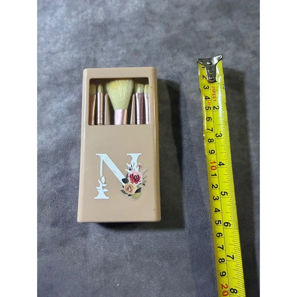 Monogram N Travel Makeup Brush Set 5 Piece Tan Floral Hard Case Rose Gold Tone